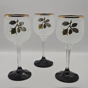 Vintage Frosted Black Stem Wine Glasses Gold Rim & Leaf Design – Set of 3